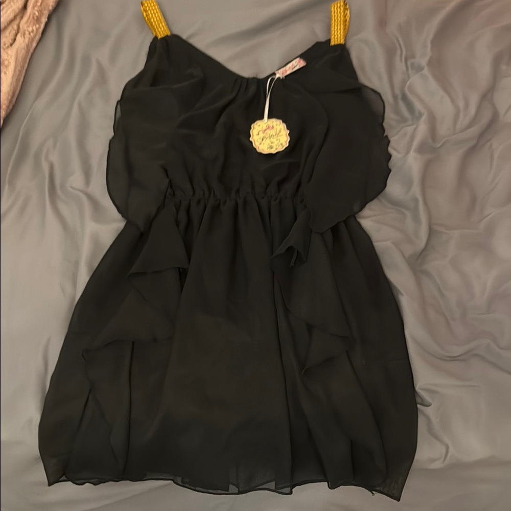 Elegant Black Midi Dress with Yellow Straps